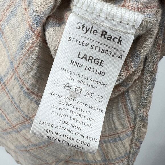 Style Rack Button up Tunic Women's L Gauzy Cotton Tan Blue Plaid Roll Tab Boho - Picture 7 of 9